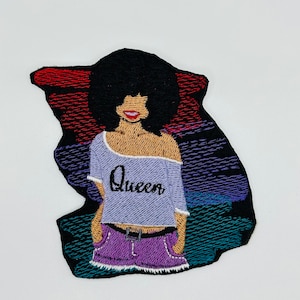 Black Queen Afro Woman Sew on patch with Iron on backing for placement.  Satin Border 7.79