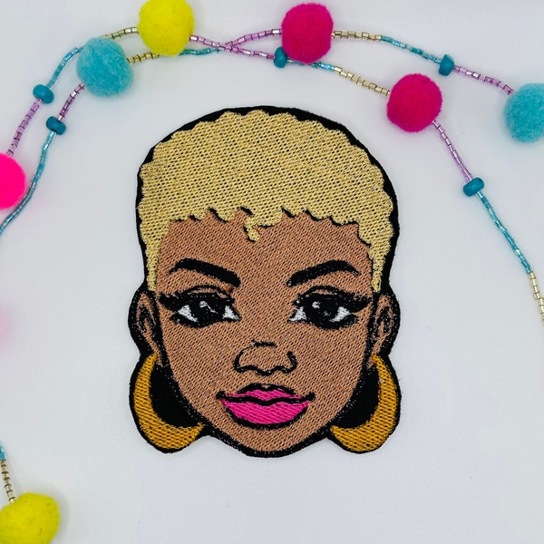 Afro Woman Short hair Iron On Embroidery patch. Reddish Brown and Blonde hair designs. Beautiful face. 8.98