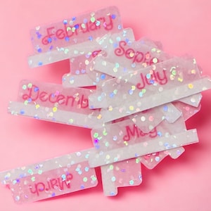 May include: A set of twelve iridescent, glittery, white, and pink monthly planner tabs with pink text. The months are: January, February, March, April, May, June, July, August, September, October, November, and December.