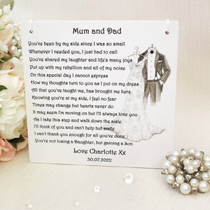 To Mum and Dad on my Wedding Day gift, Wedding gift for Parents, Personalised Mother and Father of the Bride Wedding keepsake, Wedding poem image 1