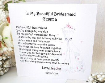 Personalised Bridesmaid Thank You Wedding Card, Friend or Sister, Daughter Bridesmaid, Maid of Honour Wedding Card, Bridesmaid Box Card