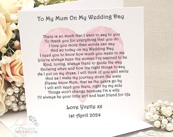 Personalised Wedding Card for Mum, Mother of the Bride card, Mother of the Bride poem, Custom wedding card, To my Mum on my Wedding Day