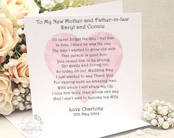 Parents of the Groom Card, Mother and Father of the Groom Poem, On my Wedding Day Card, Personalised Wedding Keepsake,