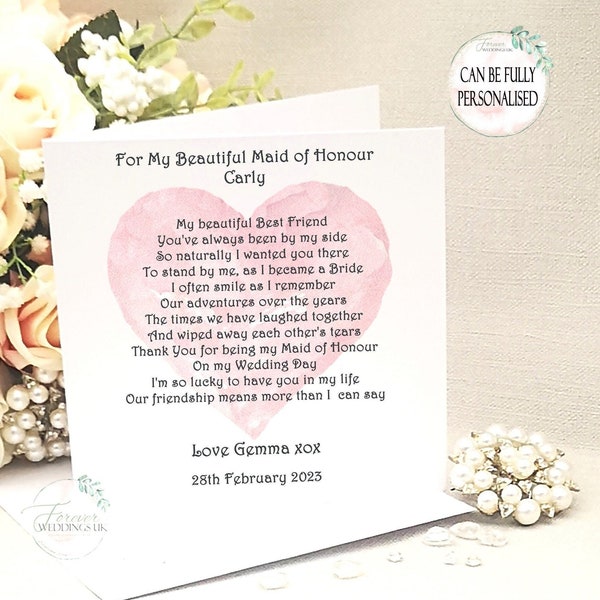 Maid of Honour Card, Personalised card from Bride, Sister, Niece, Friend, Cousin, Bridesmaid box filler, Pink Wedding Card, Wedding Morning