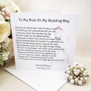 Wedding Day Card for Mum, Personalised Mother of the Bride Thank You Card, Card from Bride, Wedding poem, To my Mum on my wedding day