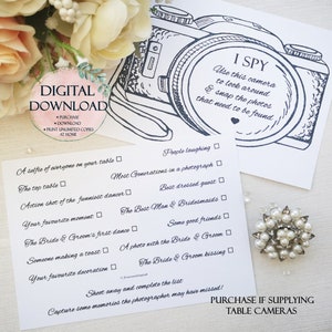 Appareil photo jetable mariage I espion jeu de cartes, téléchargement PDF imprimable, capture de photo, activité de table d&#39;invités de mariage, jeu de table, cadeau de mariage