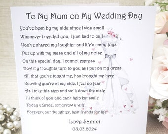 To my Mum on my wedding day, Mother of the Bride card, Parent Wedding Card, Personalised Wedding Keepsake