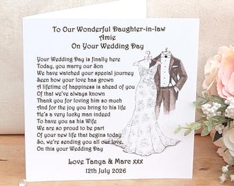 Personalised Daughter-in-Law Wedding Day Card, Keepsake Poem from Parents of the Groom, Welcome to the family