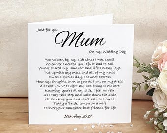 Personalised Mother of the Bride Wedding Day card, Thank you keepsake from the bride, Sentimental Poem for Mum/Mam/Mom on your Wedding Day