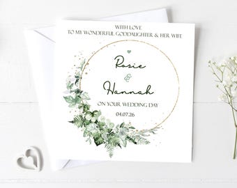 Personalised Goddaughter and Wife Wedding Day Card, Ivy Sage and Eucalyptus design, Godson and Wife, Keepsake for Newlyweds