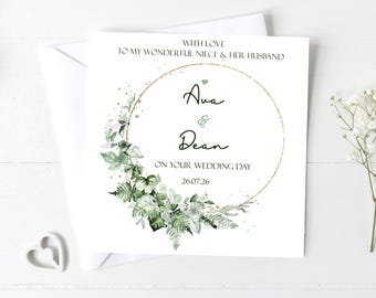 Niece and her Husband wedding day card, Personalised card for the Bride and Groom, Eucalyptus and Sage Green card, Wedding Keepsake Card