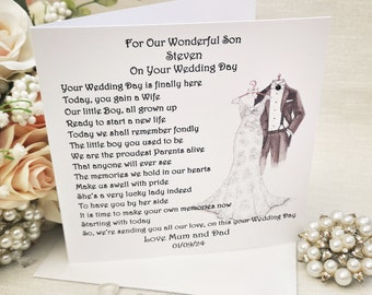 To my Son on his Wedding Day, Wedding morning card for Groom, Personalised Wedding Keepsake Card, Wedding Poem Card