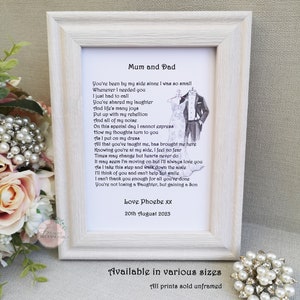 To Mum and Dad on my Wedding Day gift, Wedding gift for Parents, Personalised Mother and Father of the Bride Wedding keepsake, Wedding poem image 3