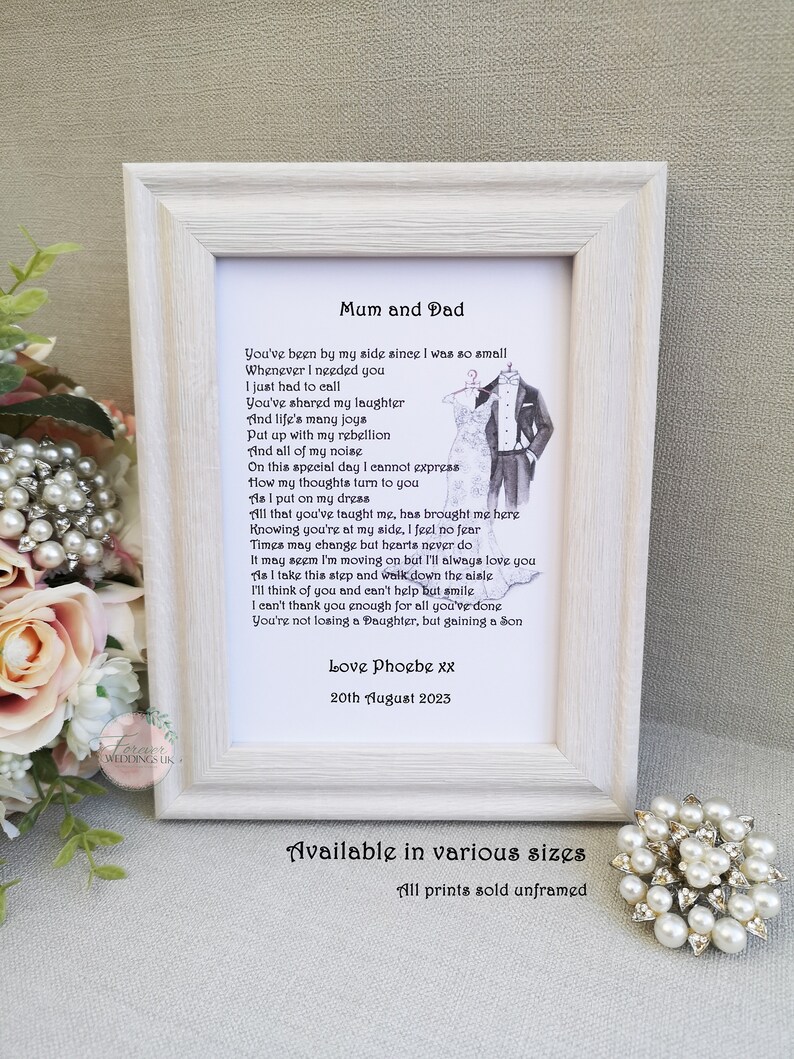 To Mum and Dad on my Wedding Day gift, Wedding gift for Parents, Personalised Mother and Father of the Bride Wedding keepsake, Wedding poem image 3