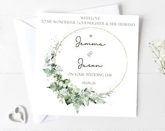Goddaughter and her Husband wedding day card, Personalised card for the Bride and Groom, Sage green and gold wedding card, Keepsake Card