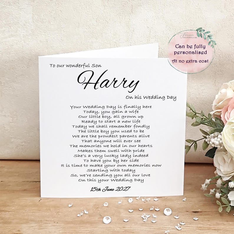 Son Wedding Day Card, Personalised Groom wedding morning card, Keepsake from Parents of the Groom, Sentimental Card, On your wedding day Our Son - NAME