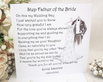 Step-Father of the Bride Wedding Day Card, Personalised, To my Step dad, Wedding Thank You Card, Card from Bride, Wedding poem