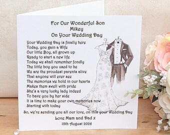 To our Son on his Wedding Day, Wedding morning card for Groom, Personalised Wedding Keepsake Card, Wedding Poem Card, Card from Mum and Dad