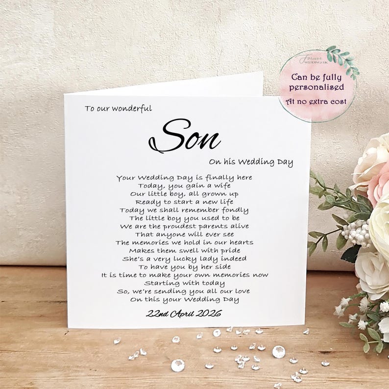 Son Wedding Day Card, Personalised Groom wedding morning card, Keepsake from Parents of the Groom, Sentimental Card, On your wedding day Our Son