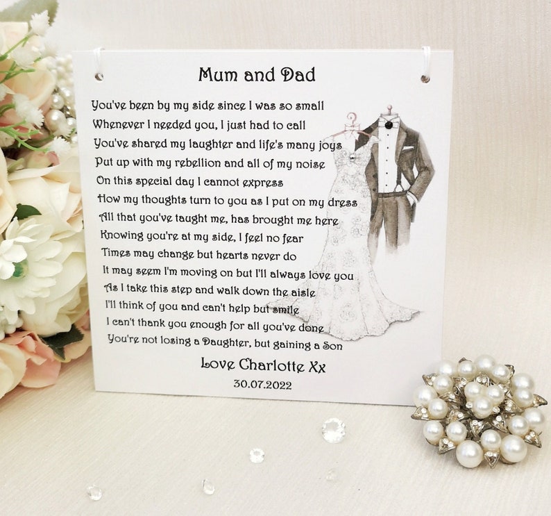 To Mum and Dad on my Wedding Day gift, Wedding gift for Parents, Personalised Mother and Father of the Bride Wedding keepsake, Wedding poem image 1