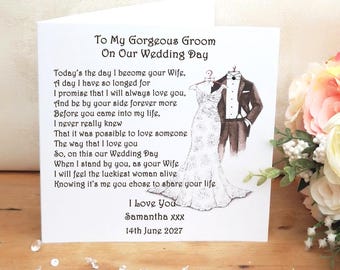 Personalised Wedding Day Card for Husband to be, Poem keepsake from Bride, To my Groom on our Wedding Day
