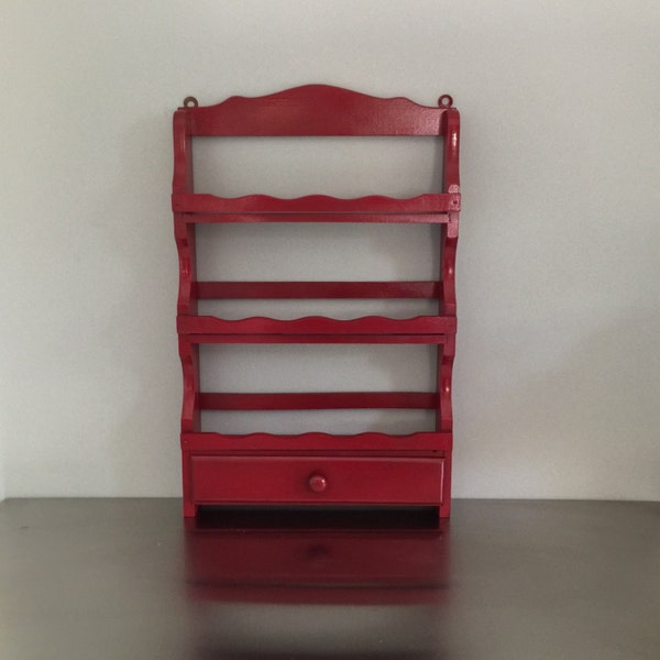Crimson Red Painted Wood Vintage Spice Rack with Drawer 3 Shelves Colorful Country Kitchen