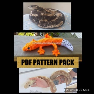 May include: A collage showing three crocheted reptile figures. The top image shows a coiled snake in brown and tan. Below is an orange gecko with a white and black spotted tail. The bottom image shows a crocheted snake.