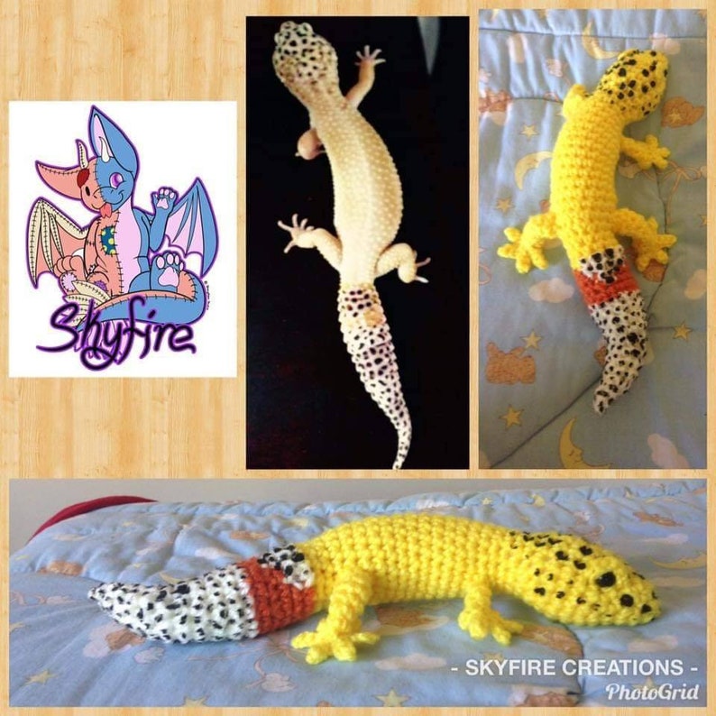 以下が含まれることがあります： 本物のヒョウモントカゲモドキと2つの編みぐるみバージョンのコラージュ。本物のヤモリは、尾に黒い斑点のある白です。編みぐるみのヤモリは、黒い斑点と赤と白の尾を持つ黄色です。