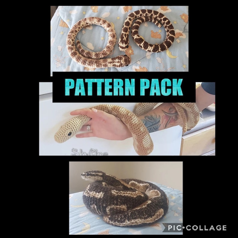 May include: Crochet pattern pack for making a snake. The image shows three different crocheted snakes in various poses. The text "PATTERN PACK" is displayed in the center of the image.