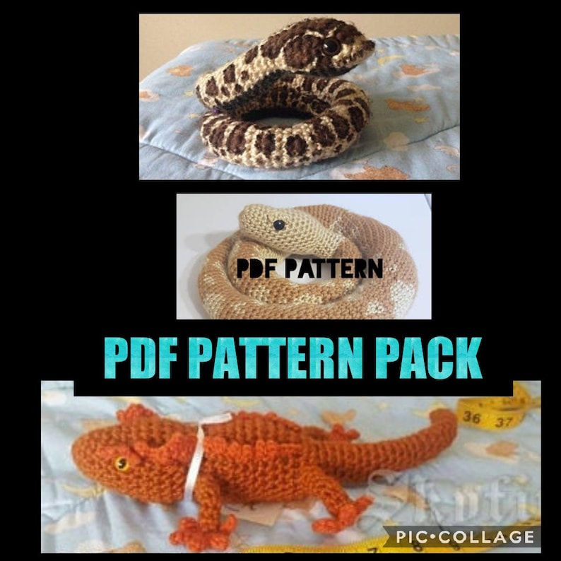 May include: A PDF pattern pack showing three crocheted reptile toys. The toys include two snakes, one brown and tan, and the other tan and white. The third toy is an orange lizard with a white ribbon.