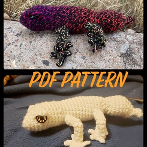 May include: A two-part image featuring crocheted gecko patterns. The top shows a colorful gecko in shades of purple, orange, and black. The bottom displays a cream-colored gecko. The text "PDF PATTERN" is overlaid on the image.