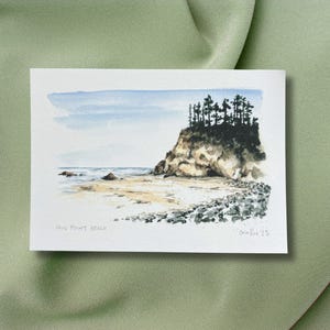 Umarmung Punkt Küste von Beton Beton Aquarell Druck | Pazifischer Nordwesten Strand Kunst