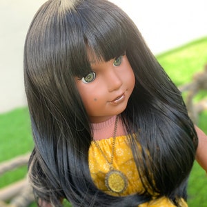 11" Custom Doll Wig fits American Girl Dolls Journey Girls Our Generation Gotz HEAT SAFE tangle Resistant Black Bangs