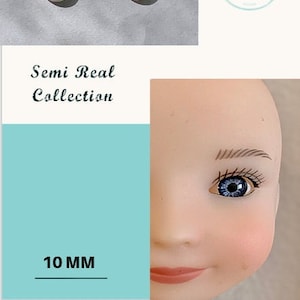 May include: Two doll eyes with blue irises and white sclera. The image also shows a doll face with a blue eye, and the text "Semi Real Collection" and "10 MM". A logo with a blue butterfly is also present.