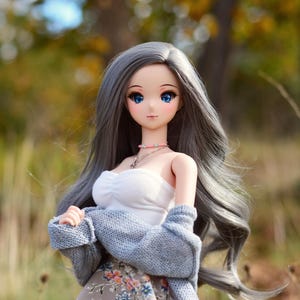 May include: A doll with long, gray hair wearing a white top, a floral skirt, and a light blue cardigan. The doll has blue eyes and is standing in a field with a blurred background of trees.