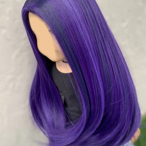 May include: A long, straight purple wig with dark purple highlights. The wig is made of synthetic hair and is styled in a sleek, modern look.