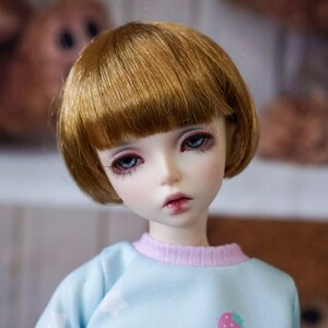 May include: A doll with short, straight, brown hair and blue eyes. The doll is wearing a light blue sweater with a pink trim and a strawberry design.