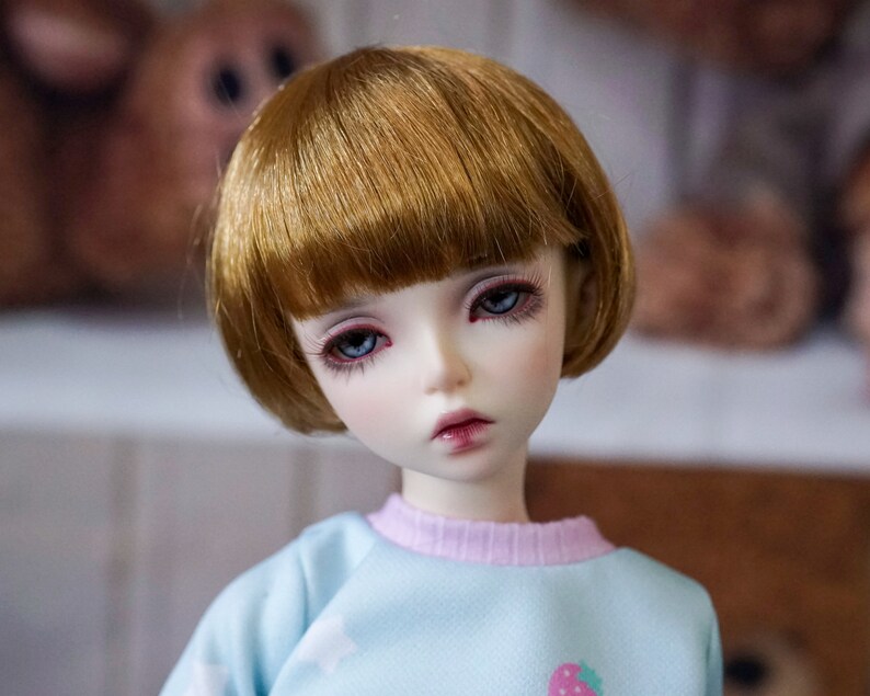 May include: A doll with short, straight, brown hair and blue eyes. The doll is wearing a light blue sweater with a pink trim and a strawberry design.