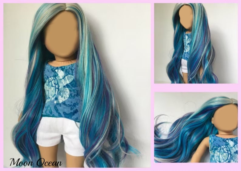 May include: A long, wavy doll wig with blue, teal, white, and purple streaks. The wig is styled in a side part and has a natural, flowing look.