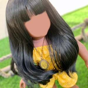 PREORDER Zazou 11" Custom Doll Wig fits Dolls such as American Doll Journey Girls OG Gotz Heat Safe tangle Resistant Black wispy Bangs