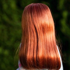 May include: A doll with long, straight, auburn hair. The hair is styled in a simple, sleek look.