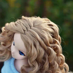 May include: A doll with long, curly, light blonde hair styled in a braid. The doll is wearing a light blue sweater.