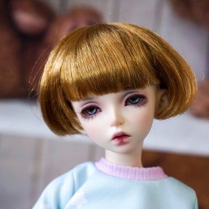 May include: A doll with short, brown hair and blue eyes. The doll is wearing a light blue shirt with a pink collar.