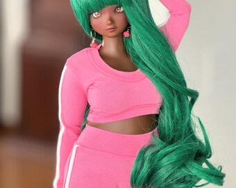Custom doll Wig for Smart Dolls- "Tan Caps" 8-9" head size of Bjd, SD, Dollfie Dream dolls Green curls Zazou Dolls "Loose fit" Cap required