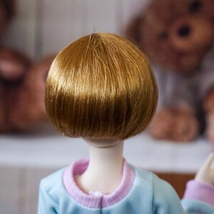 May include: A doll with short, straight, light brown hair. The doll is wearing a light blue shirt with a pink collar.