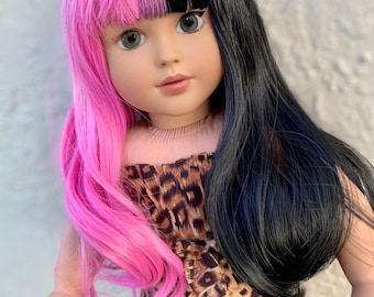 11”  Custom Doll Wig fits American Doll Journey Girls Our Generation Gotz HEAT SAFE tangle Resistant pink/black  Bangs Zazou Dolls
