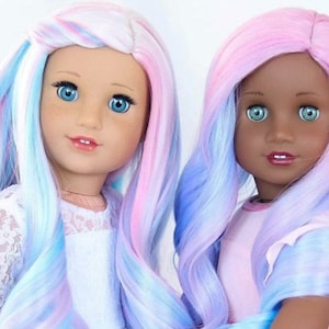 Gift Set: Custom doll wig for 18" American Girl Dolls - Heat Safe - Tangle Resistant - fits 10-11" head size of 18" dolls OG Blythe Unicorn