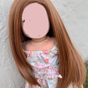 May include: A long, straight, auburn-colored wig for a doll. The wig is styled with a center part and falls to the doll's shoulders.