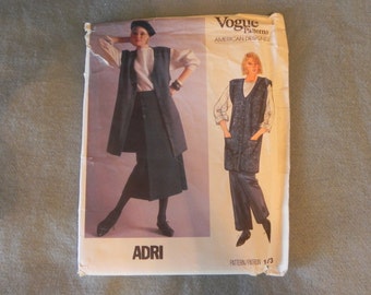 Vogue American Designer ADRI Pattern #1473 Top Tunic Skirt Pants Size 10 1980s UNCUT Complete