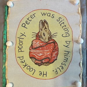 Puede incluir: Lienzo de punto de aguja con Peter Rabbit con una chaqueta roja, rodeado de texto: "He looked poorly. Peter was sitting by himself." El lienzo se sujeta con chinchetas blancas y una cinta métrica.